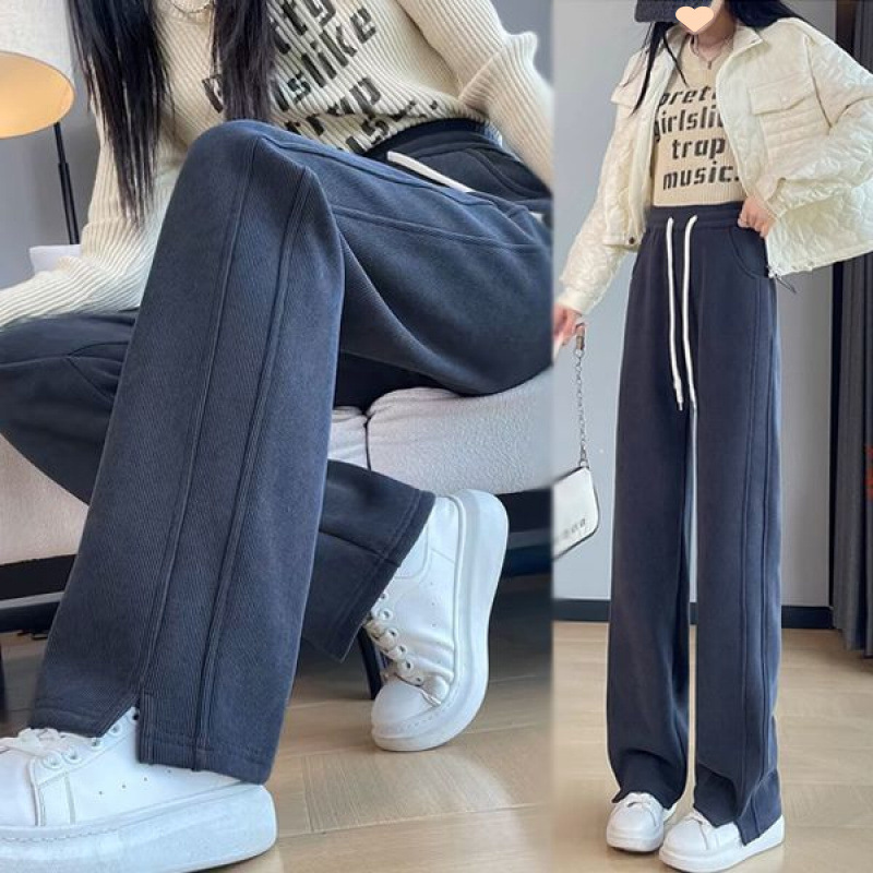 2025 New Trendy Korean Style Straight Pants for Women Spring & Fall Casual High-Waisted Loose Corduroy Pants for Small People