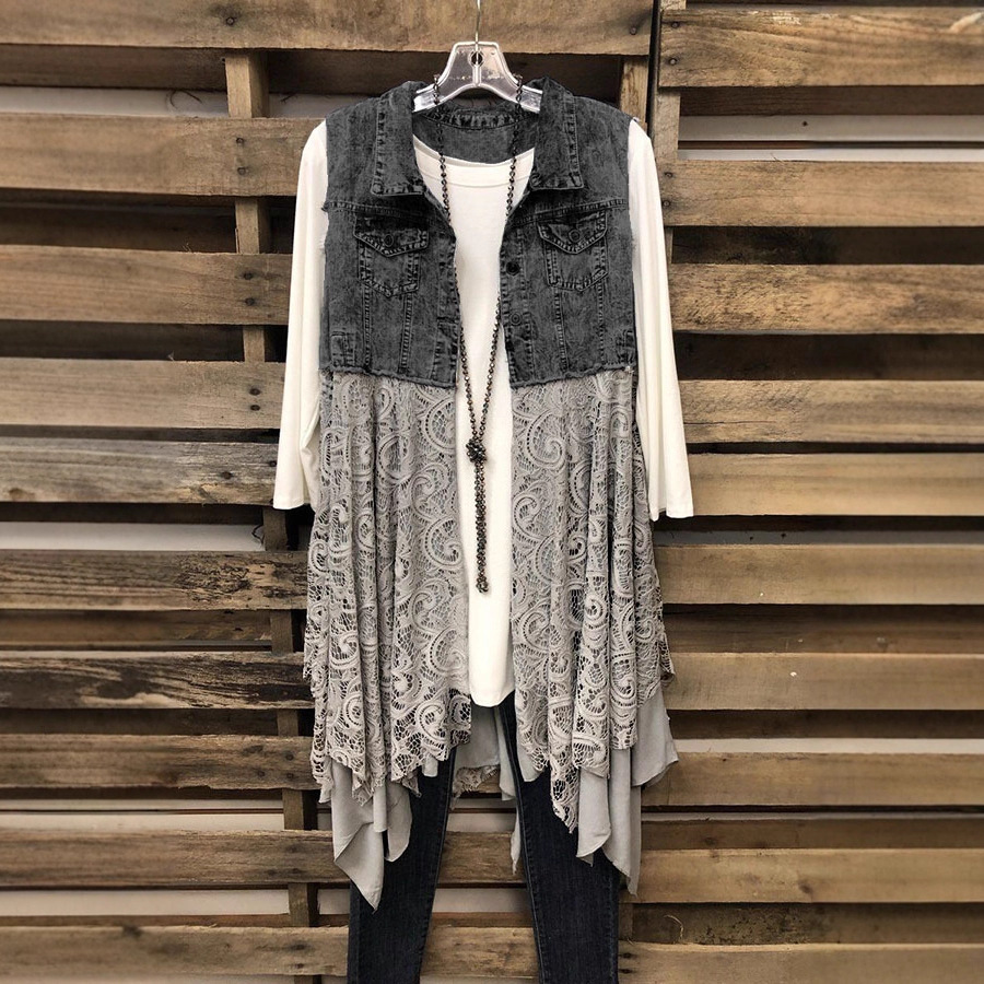 ins2021 Hot Selling European and American Women's Jacket Spring and Summer All-match Denim Vest + Lace Hem Stitching New Design
