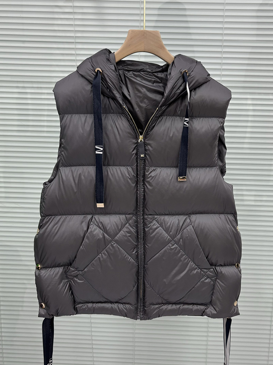 2025 Foreign Trade White Duck down Short Hooded Letter Drawstring Vest Autumn and Winter Clothing down Jacket Side Button Coat Trendy