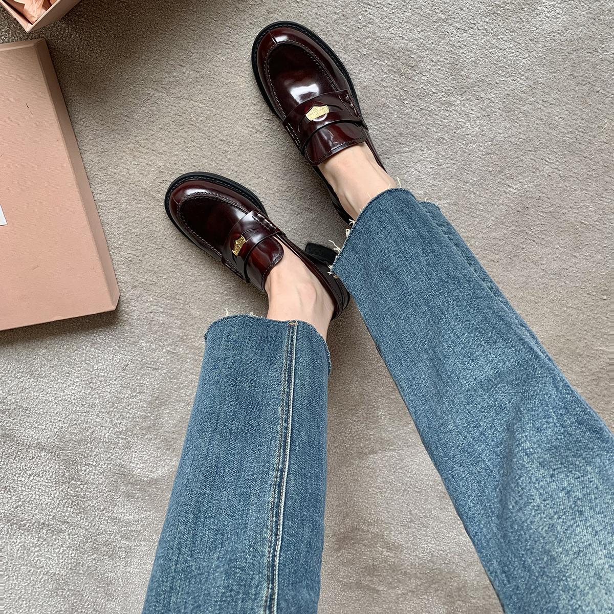 Ready in Stock and Shipped in Seconds! Grape Mom's Same Style Retro British Style Round-Toe Small Gold Coin One-Leg Thick-Soled Loafers