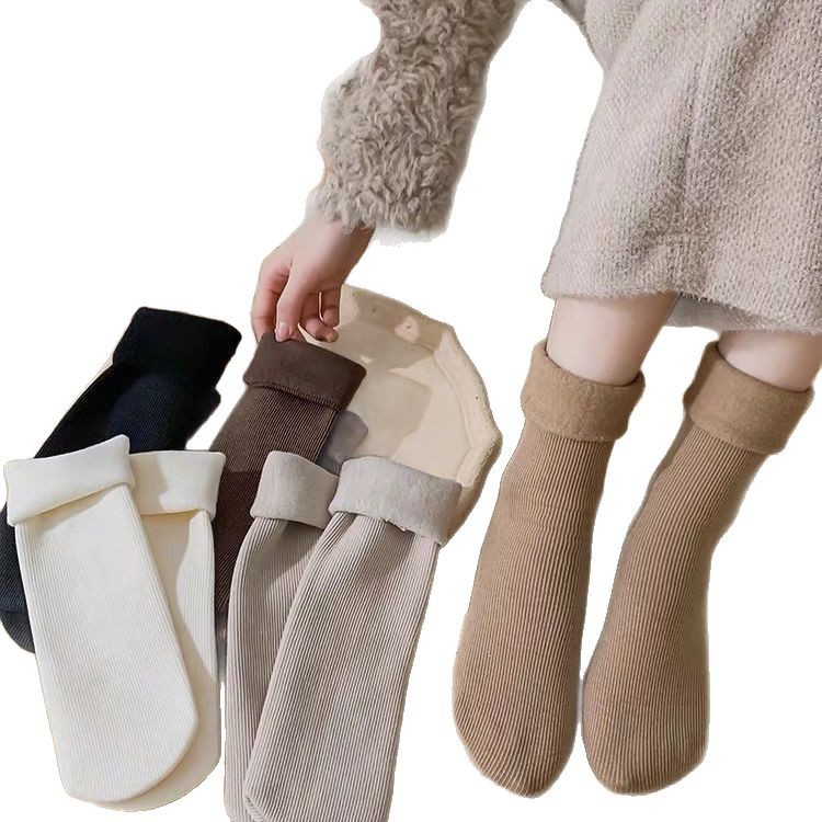 Socks for Women in Autumn and Winter Earth Color Snow Socks Mid-Tube Fleece-Lined Thickeneded Warm Sleeping Floor Stockings Winter Ladies
