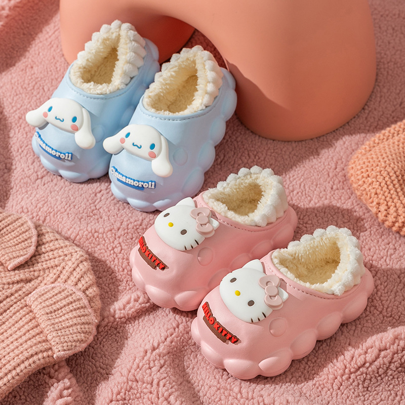 Sanrio Girls Cotton Slippers Winter Children's Shoes Girls Princess Cotton Shoes Soft Sole Bag Heel fleece-lined Baby Slippers