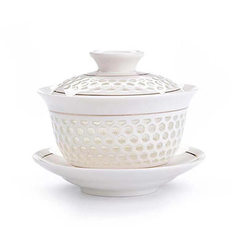 Honeycomb Exquisite Hollow Tea Set Tea Bowl White Porcelain Chaoshan Kung Fu Tea Set Sancai Bowl Creative Tea Set Cup