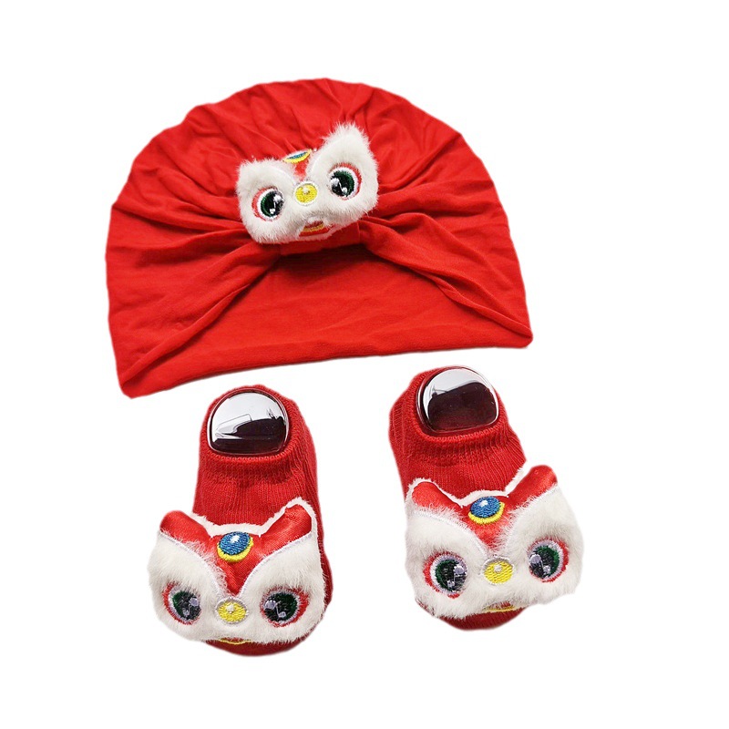 Festive Red Lion Dance hat baby hair accessories pullover hat suit infant rabbit non-slip socks combination Spring Suit