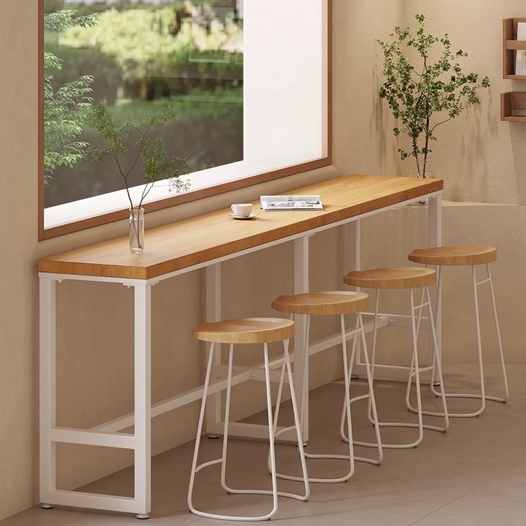 Wall bar table home balcony long narrow table milk tea shop bar leisure solid wood high leg table and chair combination