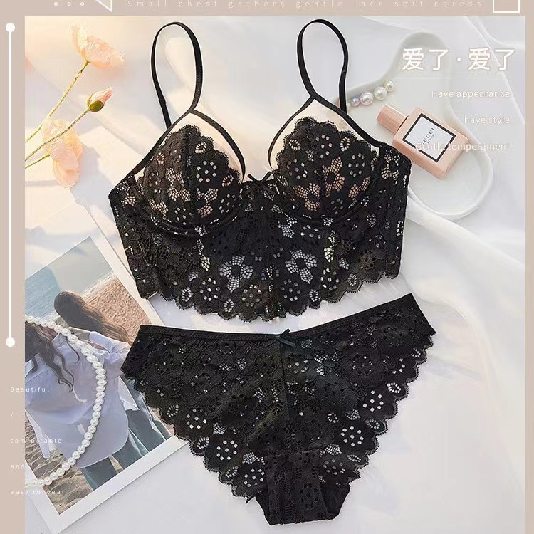 French Style Ultra-thin Underwear Women's Big Chest Small Chest Push-up Anti-sagging Sexy Lace Sling Bra Set Pure Desire