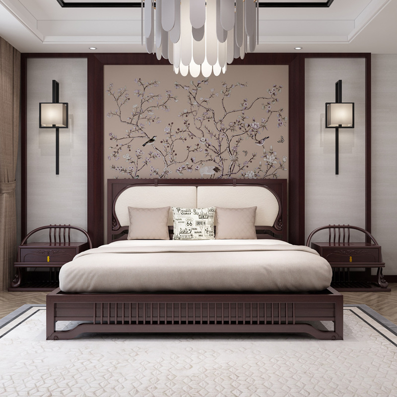 Новый китайский стиль, кровать из массива дерева, дзен двуспальная кровать, прикроватный стол, вешалка для гардероба, комплект для спальни, свадебная кровать, вилла, простая