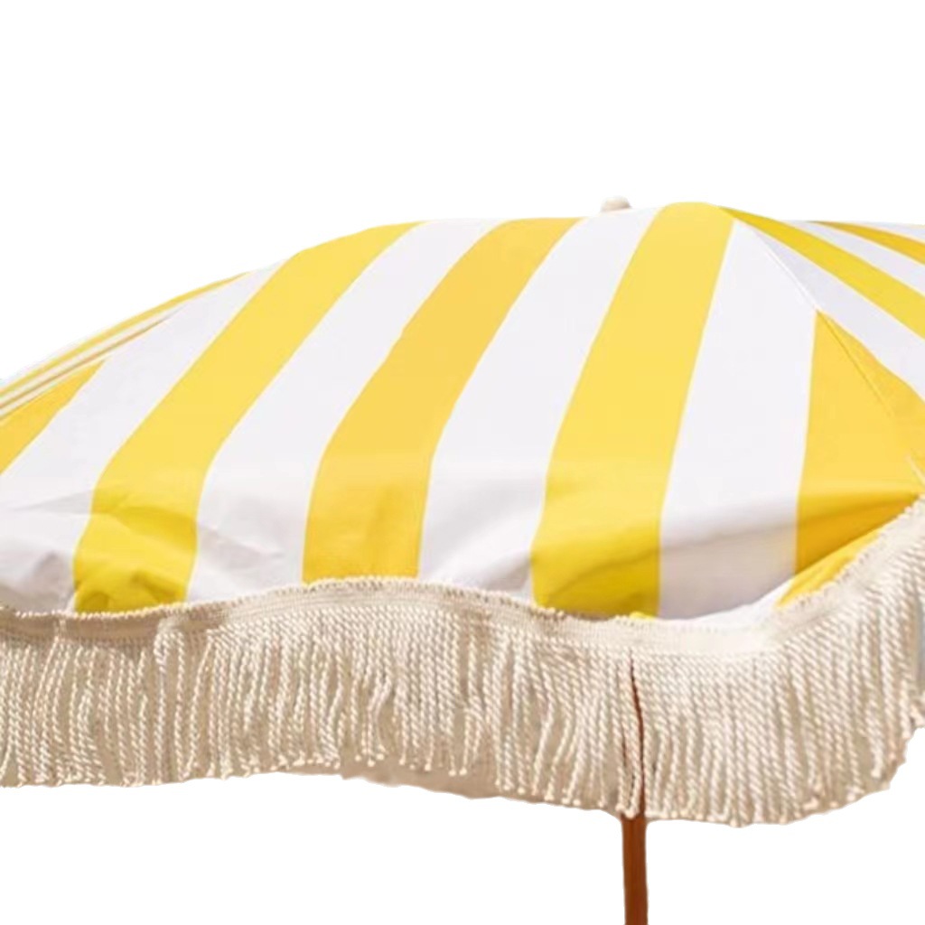 Cross-Border Hot Selling 2m Yellow Stripesd Umbrella with Tassels Outdoor Sunshade Beach Umbrella Courtyard Camping Style Sun Umbrella