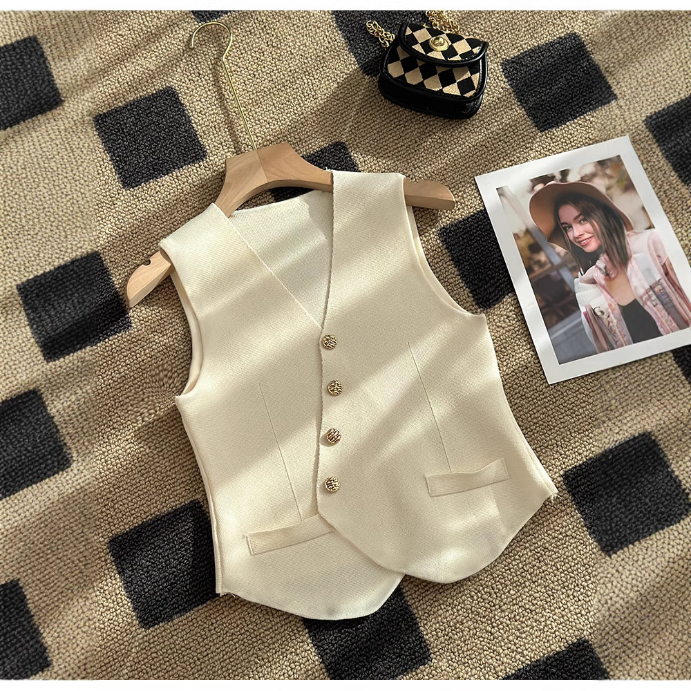 Knitted Vest Women's Summer French Retro V Neck Slim Sleeveless Suit Vest Chic Asymmetrical Top