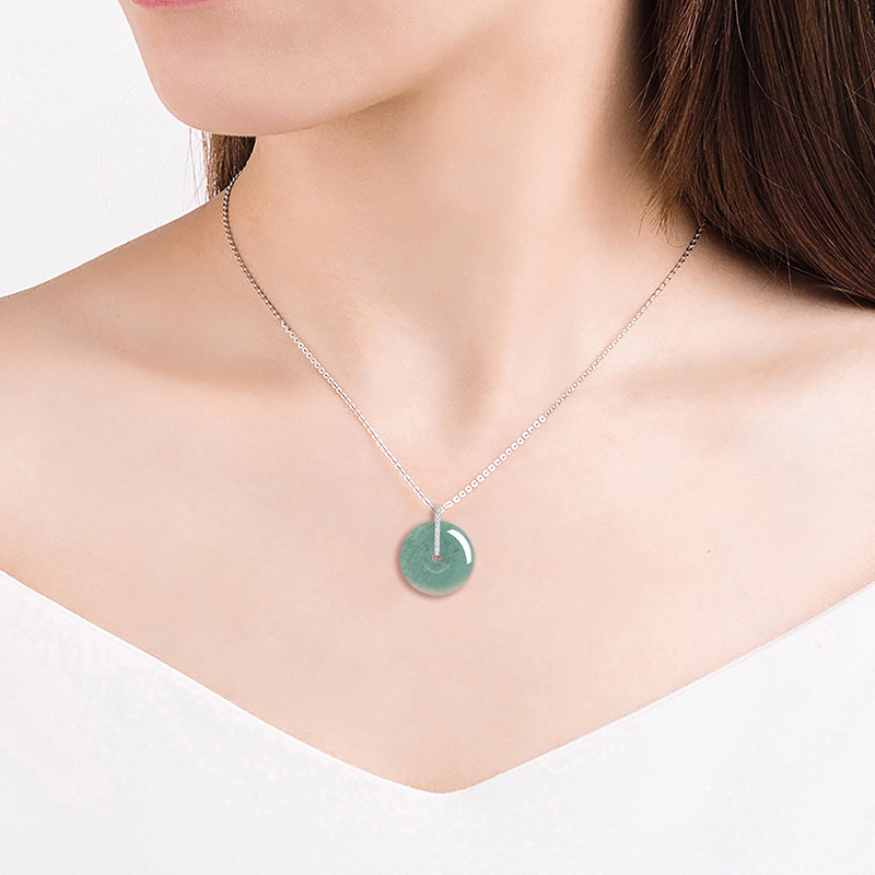 Natural jadeite A bean green small safety buckle pendant S925 silver inlaid ice jade pendant necklace women's wholesale