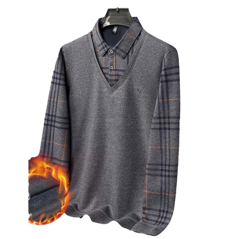 Dad's Fake Two-piece Sweater Men's Winter fleece-lined Thickened Base Shirt Men's Middle-aged Shirt Collar Warm Top