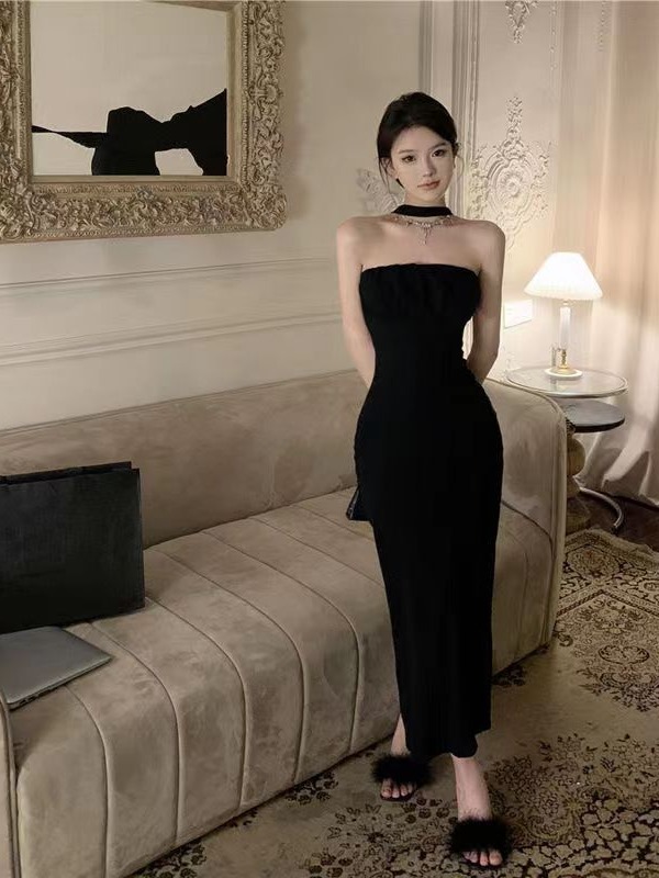 Black halter dress summer pure hot girl skirt sexy bow small slim-fit sheath split skirt