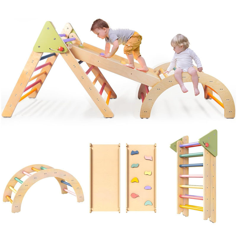 Wooden Children's Folding Climbing Frame Indoor Slide Sensory Training Equipment Infant Rainbow Ladder Climbing Toy