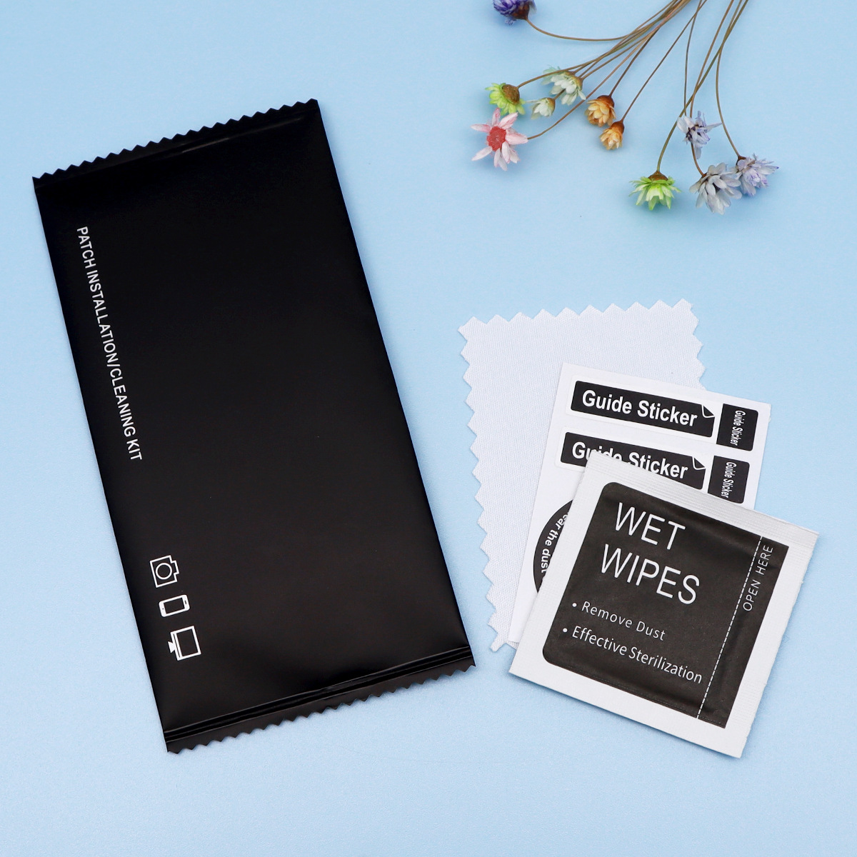 Three-side seal mobile phone auxiliary film suit wiping cloth flat tempered glass film screen cleaning wipes auxiliary kit