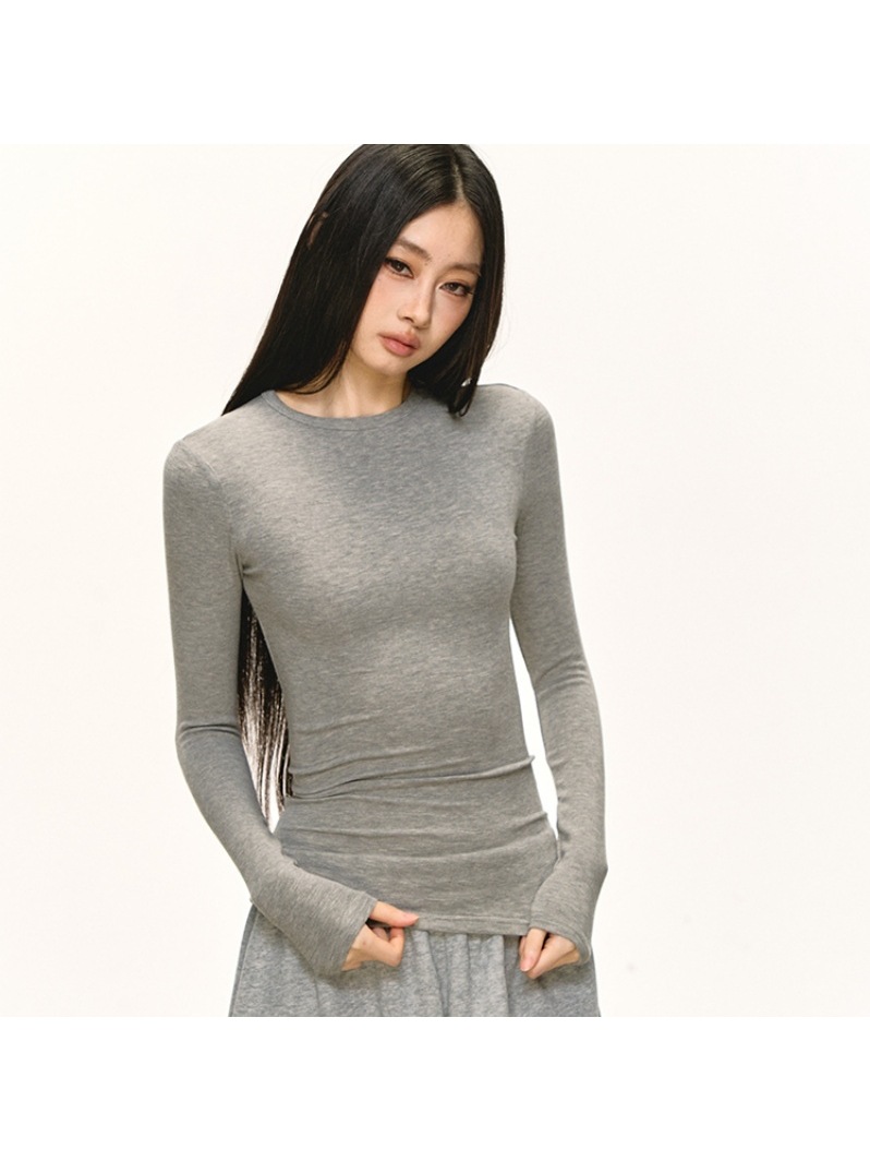 Long-Sleeved T-Shirt for Women in Autumn and Winter New Style Round Neck Slimming Look Short Right Shoulder Bottoming Shirt Top