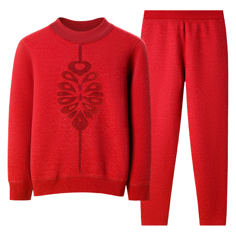 Middle-aged and elderly people's life year big red thermal underwear women's fleece-lined thickened autumn clothes autumn pants for the elderly grandmother mother winter