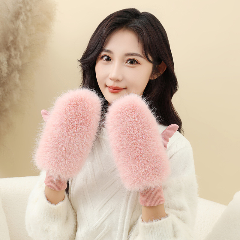 Cross-border trade winter warm gloves thickened windproof cute cold-proof plush Luo Kou fashion explosion ladies gloves