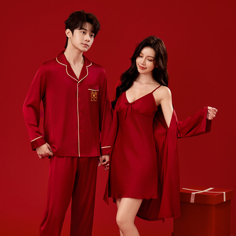 Wedding Pajamas for Newlyweds Ice Silk Red Spring and Autumn Wedding Silk High-end Nightgown for Men and Women Morning Gown suit