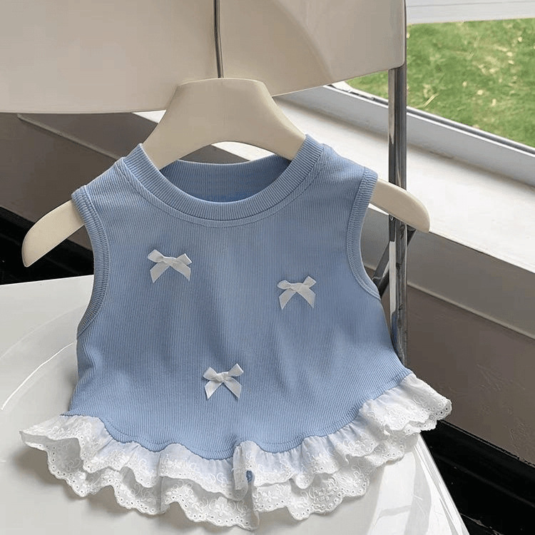 Девичий Бант Короткий Жилет 2024 Летний Новый Стиль Лейсовая Вставка Безрукавный Топ Трендовый