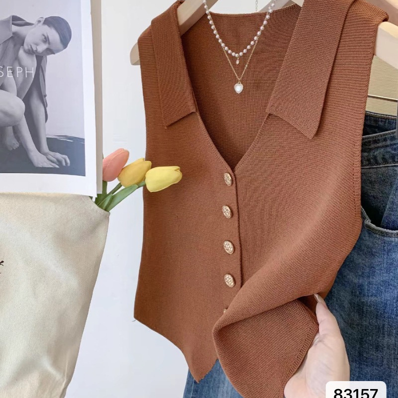 2024 New Summer Style Small Fragrant Top Classy Elegant V-Neck Sleeveless Vest Vest Ice Silk Bottoming Knitwear