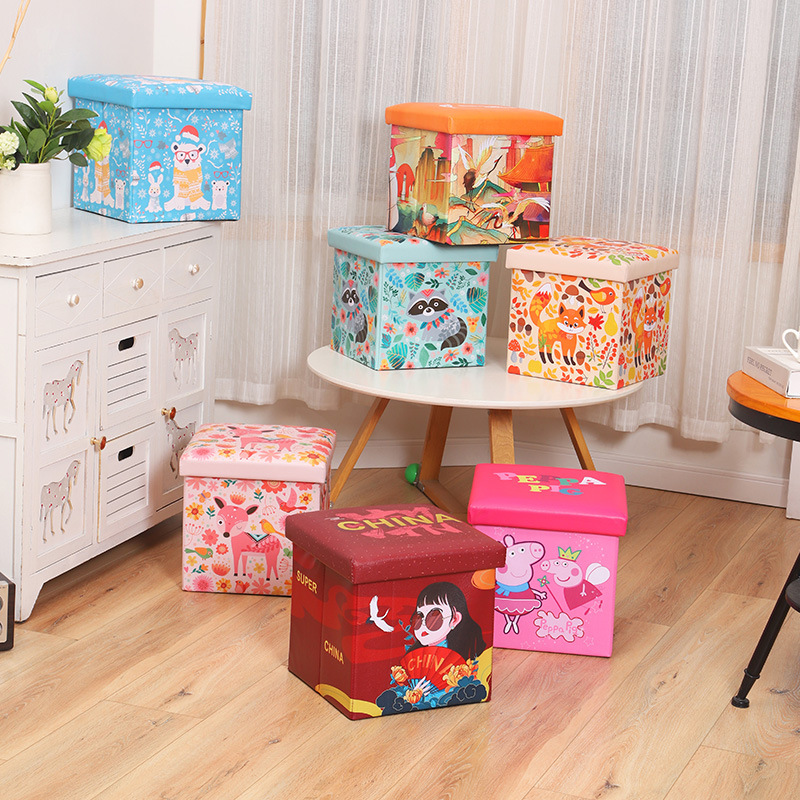 Прямые продажи, квадратный кожаный пуф с мультяшным принтом, многофункциональный складной пуф для игрушек
