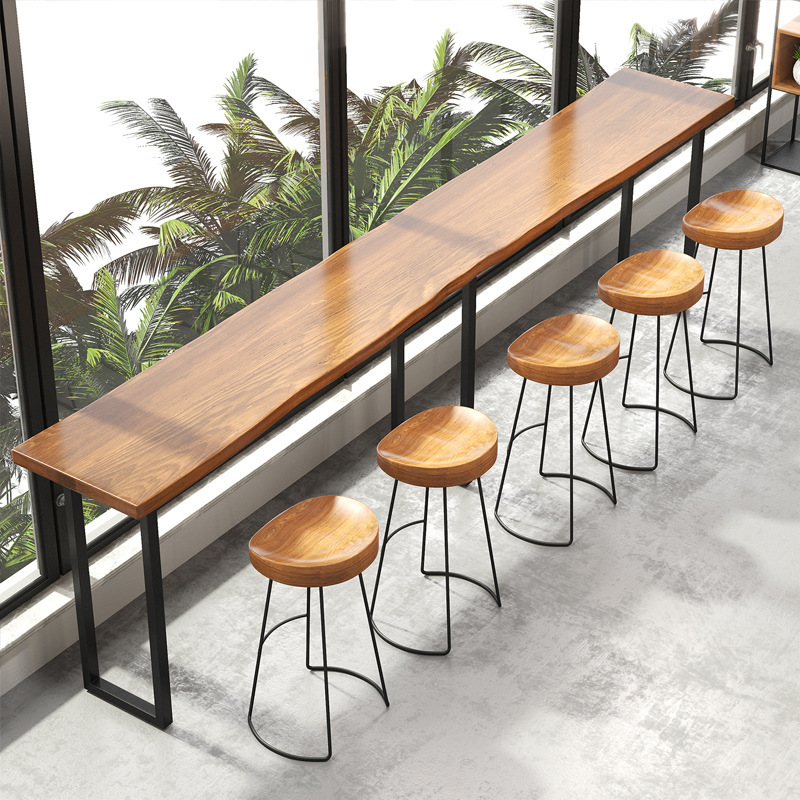 Solid Wood Casual Iron Bar Table and Chair Milk Tea Shop Bar Table Coffee Shop High Table Window Balcony Long Table and Chair