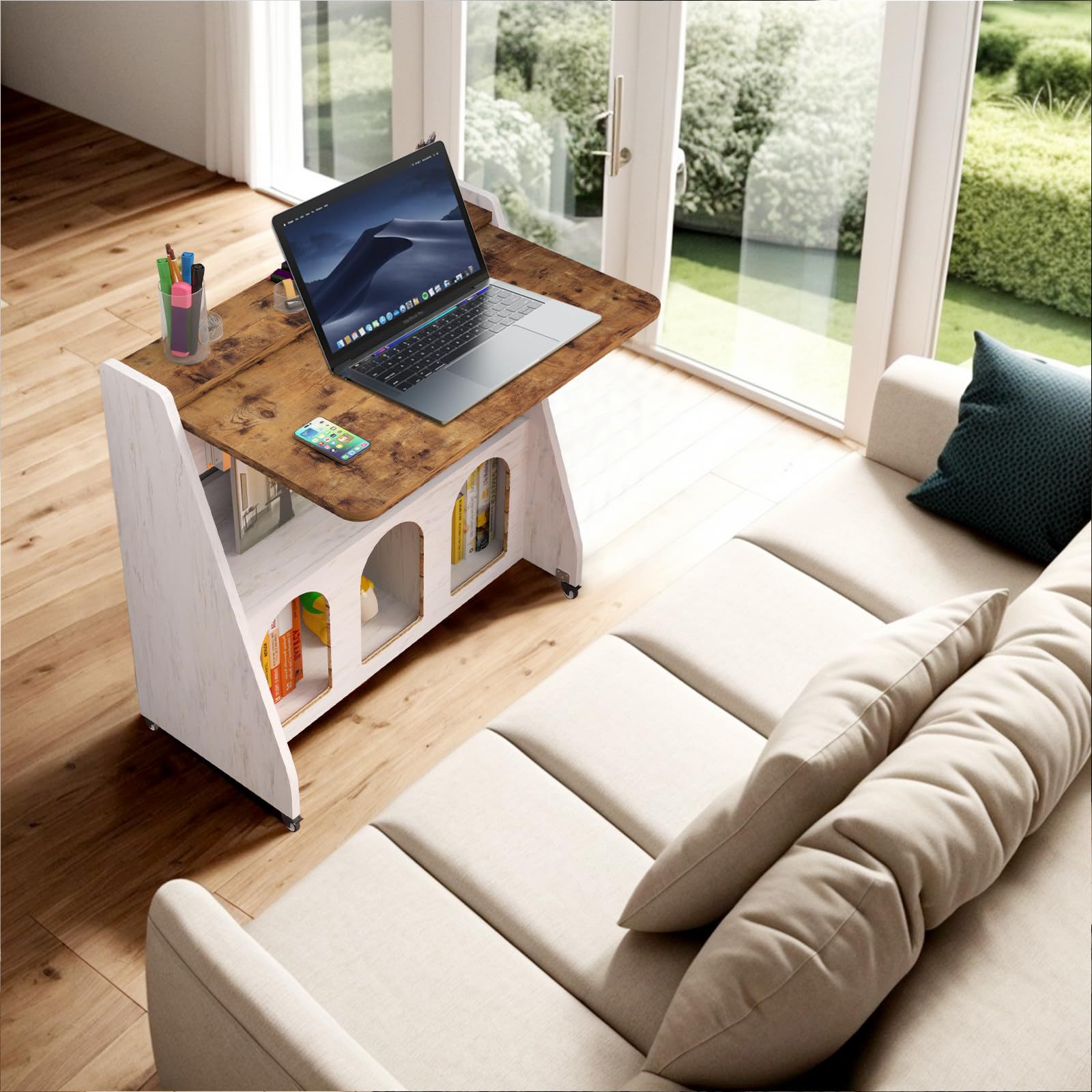 Home Office Desk with Wheels, Rolling Computer Writing Table with Neutral Lockable Wheels and Storage