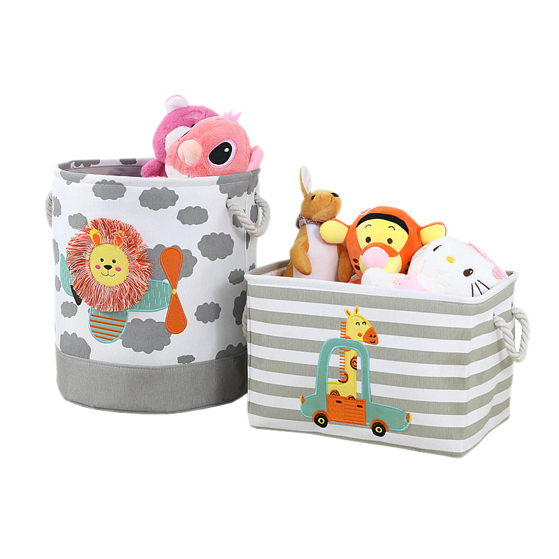 Children's Toy Storage Box Organizer Basket Cartoon Fabric Cotton and Linen Storage Box Plush Doll Storage Bucket Clothing Embroider