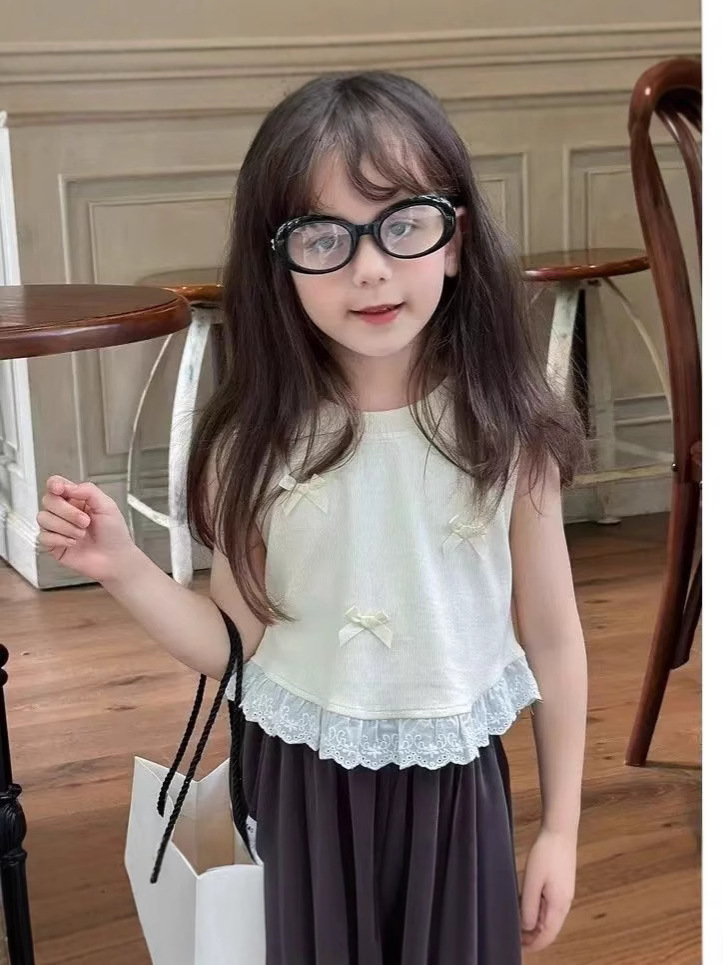 2025 Children's Clothing Girls Summer Sleeveless New Style Children's Fashionable Bow Vest Sleeveless Tops Trendy Children