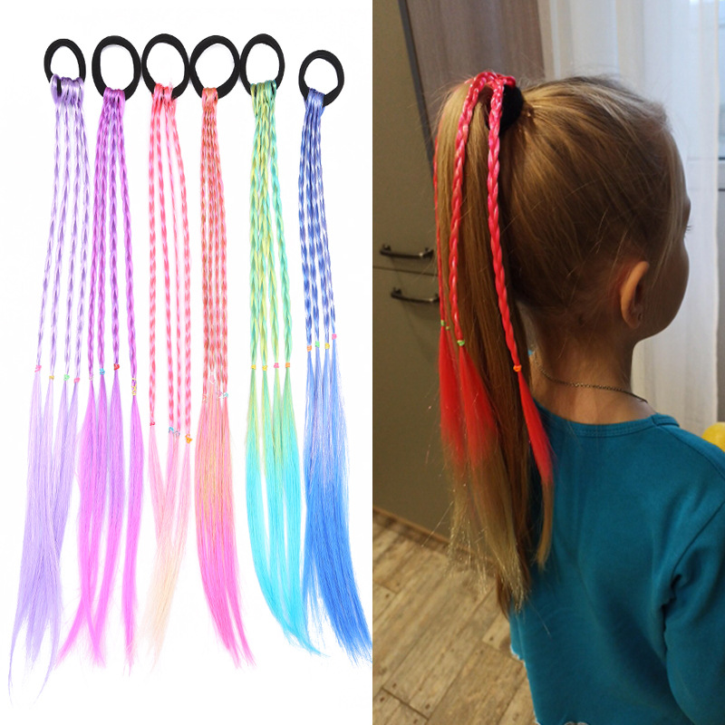 Cute Girl Colorfulful Wig Hair Rope Princess Twisted Elastic Hairband Ponytail Headdress Fashionable Kidsren's Hair Accessories