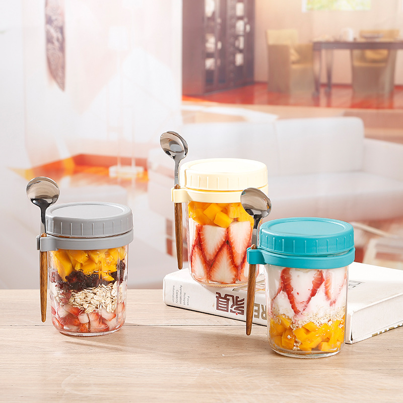 Amazon Oatmeal Cup Overnight Oatmeal Cup Breakfast Cup with Spoon with Lid Mason Cup Glass Salad Jar Yogurt Cup