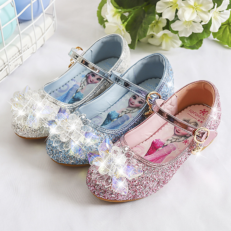 Girls' Princess Leather Shoes, Spring and Autumn New Style, Children's Crystal Shoes, Fashionable Elsa High-Heeled Shoes, Little Girls' Single Shoes