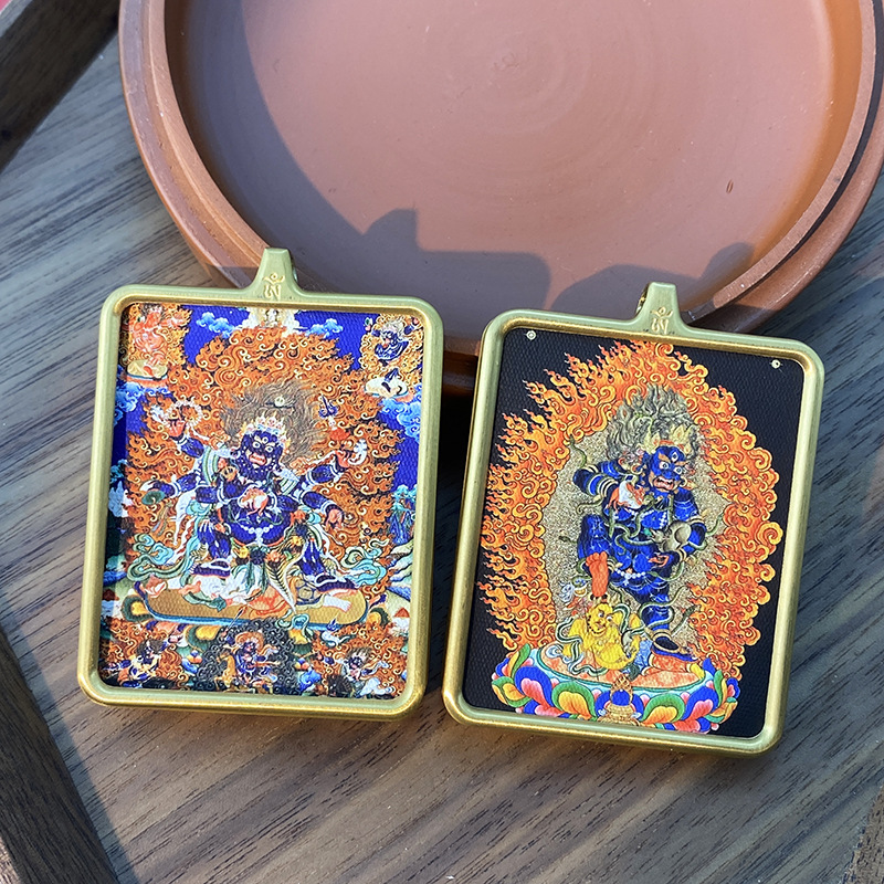 Xizang Thangka Painting Pendant Six-Arm Big Black Day Big Wade King Kong Black Wealth God Xizang Thangka Square Gold Pendant