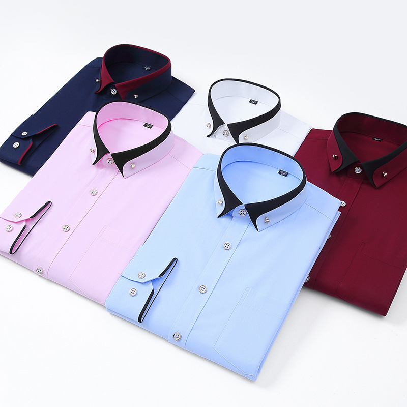 Cross-Border New Men's Contrast Collar Stretch Long-Sleeved Shirt Business Casual Comfortable No-Iron Shirt European and American Southeast Asia