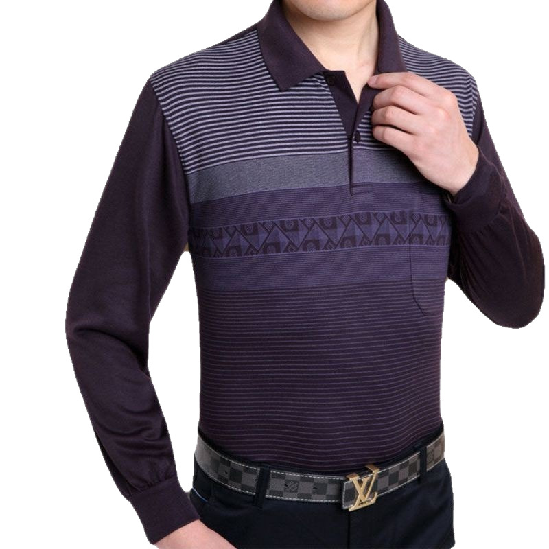2025 Spring and Autumn Medium-Thick Collared Long-Sleeve Striped T-Shirt for Middle-Aged and Elderly Men, Wholesale Autumn Men's Clothing