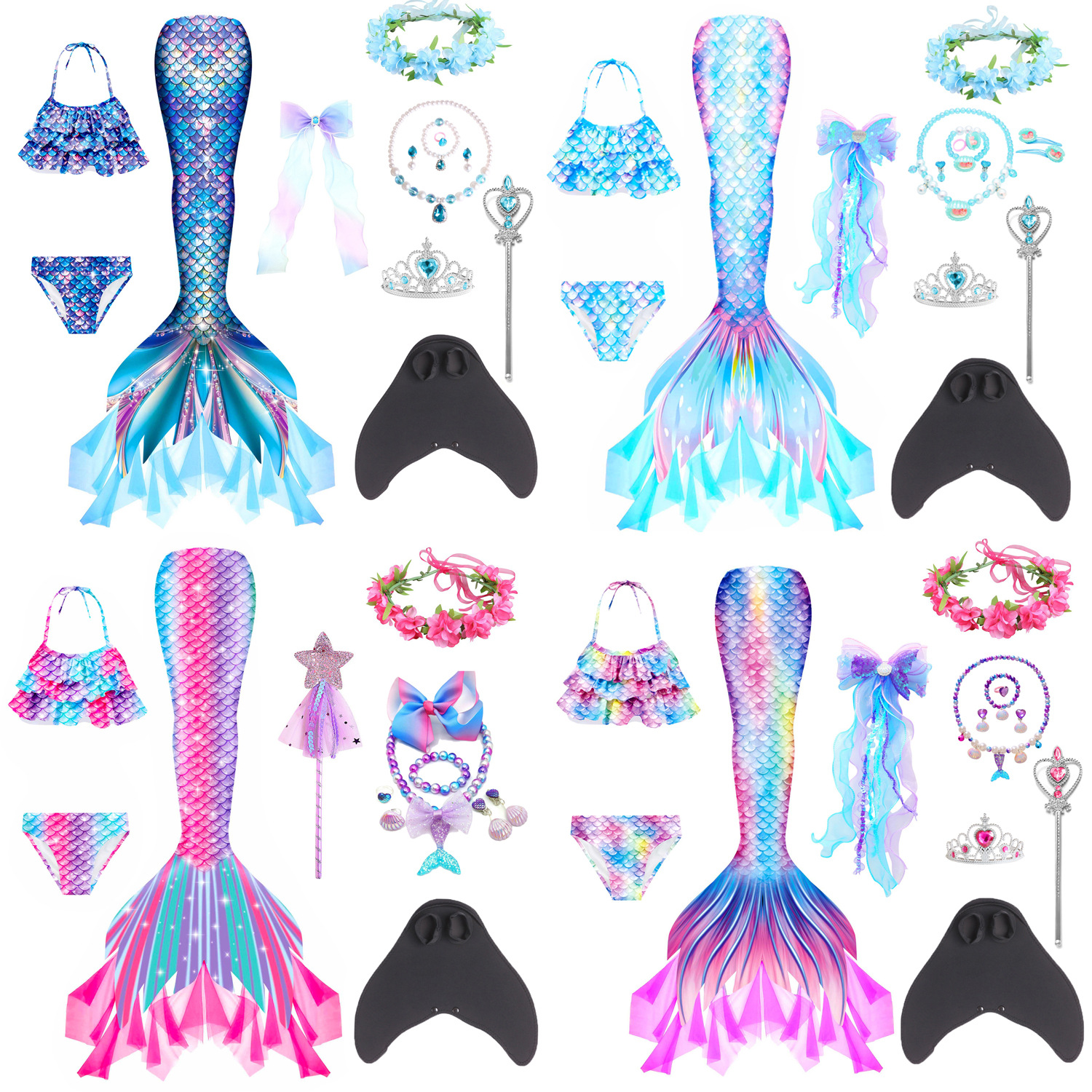 Купальник для детей, трехпредметный, с сеткой, для пляжа, набор для русалки