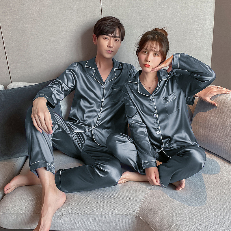 Couple Pajamas Ice Silk Summer Long-Sleeved Women's Cardigan Casual Loose Spring and Autumn Men's Middle-Aged and Young People's Large Size Home Clothes