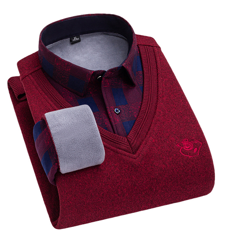 Young and Middle-Aged Men's Fleece-Lined Shirt with a Fake Two-Piece Collar, Suitable for Business Casual Wear, Long-Sleeved, Thickened and Warm