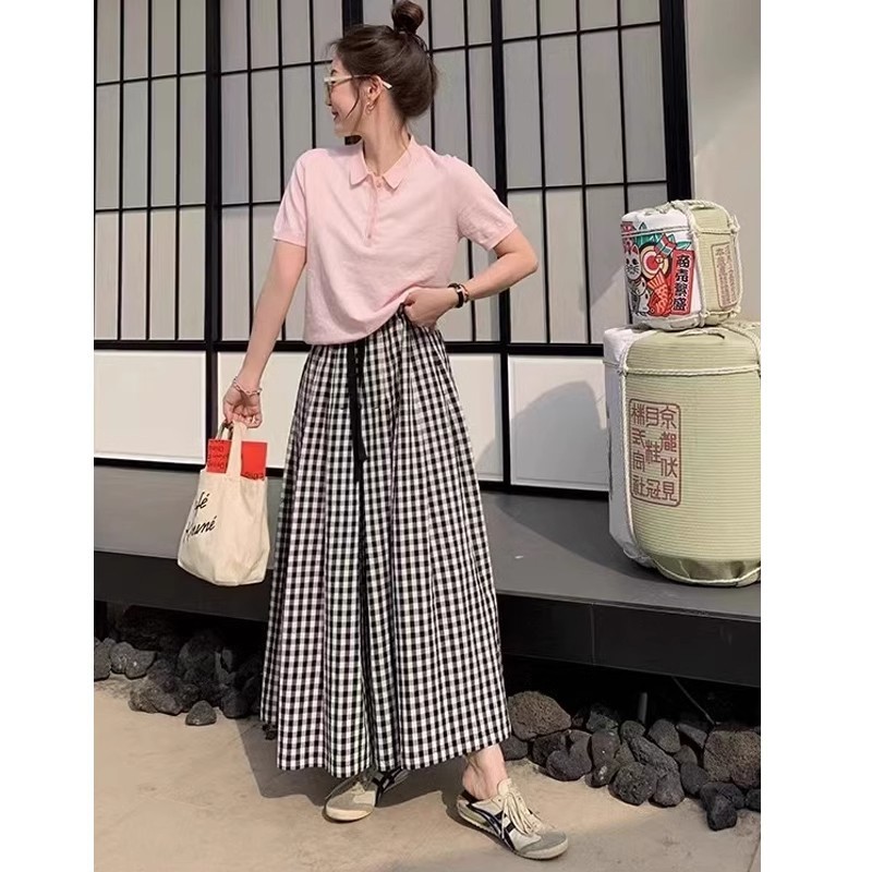 Plus-Size Plaid Skirt Pants for Women, Summer Thin High-Waisted Slimming Loose Casual Pants Skirt 150kg for Chubby mm