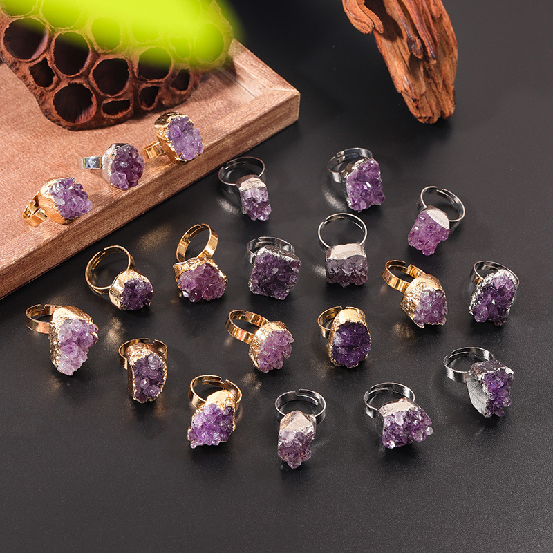 Natural Amethyst Cluster Electroplated Phnom Penh Opening Ring Fashion Temperament Irregular Crystal Original Stone Ring Cross Border