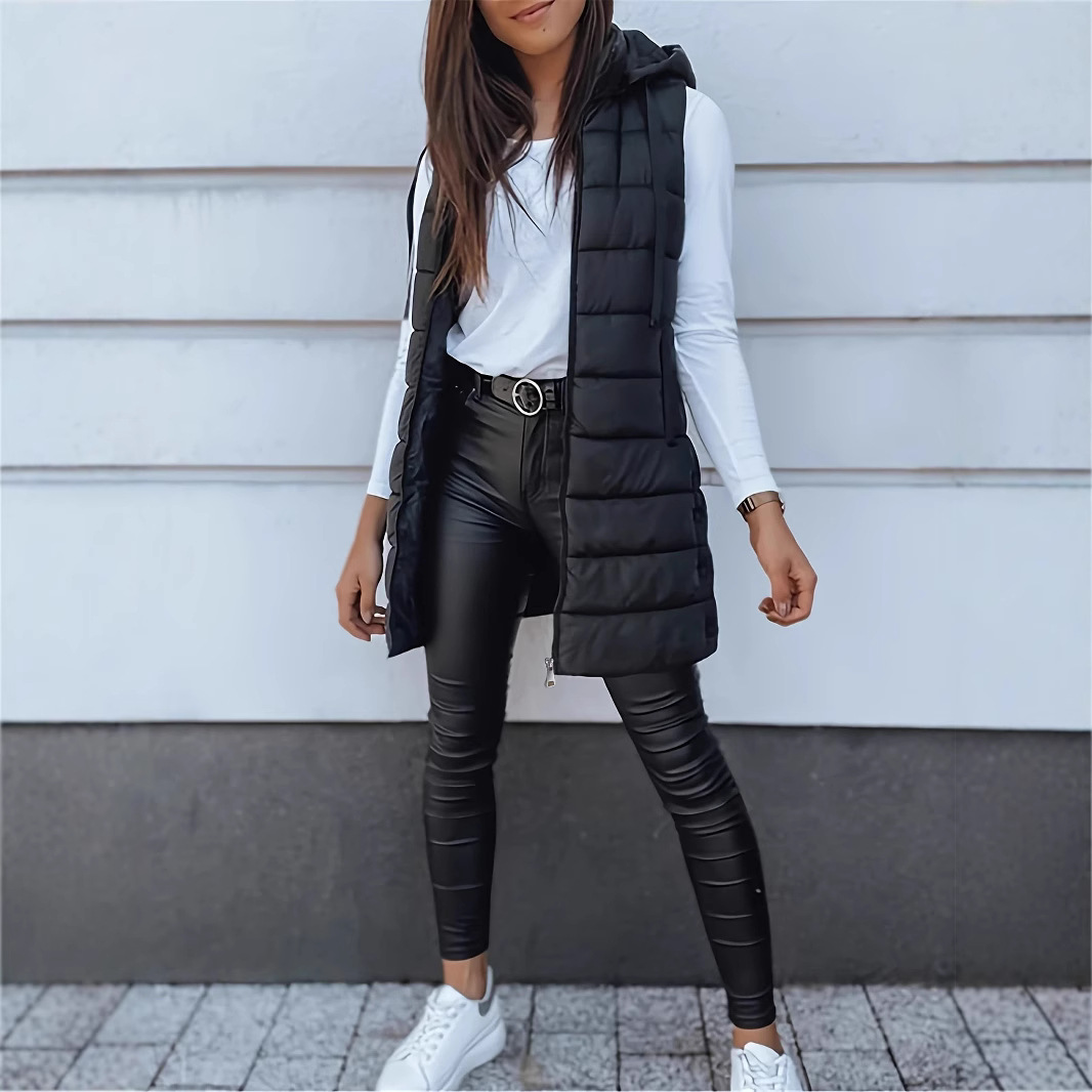 Cross-Border Popular European and American 2025 Amazon Pure Color Hooded Zipper Cotton Vest Jacket Women's Mid-Length Large Size