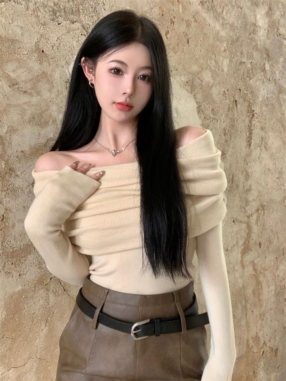 Lazy Style off-Shoulder Clavicle Shoulder Knitted Sweater Short Gentle Style Slim-Fit Slimming Long-Sleeved Base-Layer Shirt Top