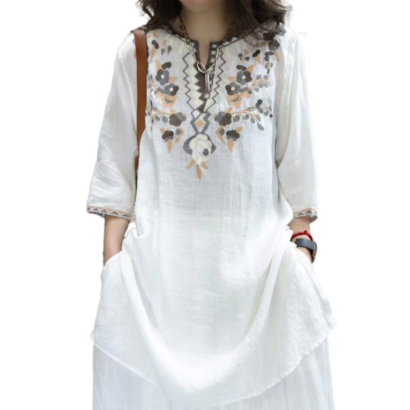 Cotton and Linen Embroidered Women's 2025 Spring, Summer and Autumn New Chinese Style Retro Mid-Sleeve Thin Top t