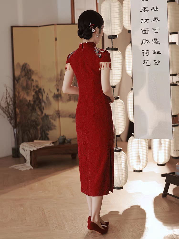 Cheongsam Toast Dress Bride wine red Small Engagement Dress dress New Chinese Style Beautiful Wedding Girl