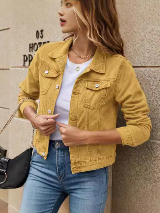 Новая однобортная джинсовая куртка с лацканами и карманами, короткая, стильная, 2024