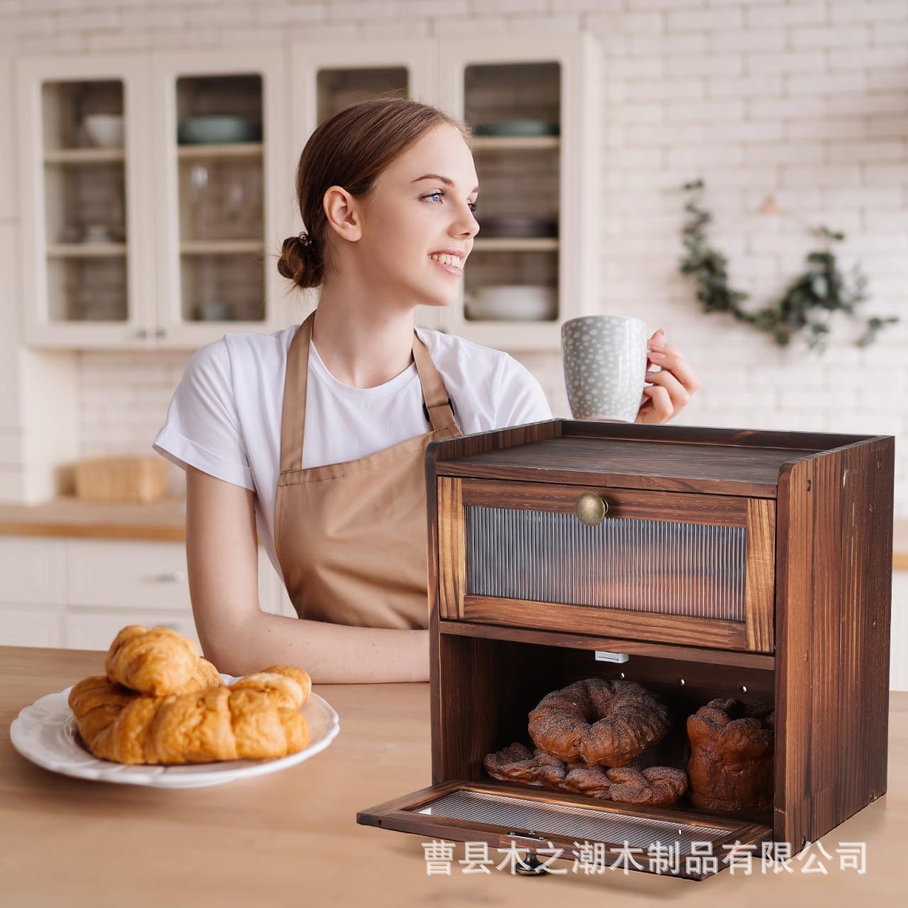 Solid Wood Double Layer Bread Box Kitchen Bread Storage Box Kitchen Pastry Storage Box Flip Wooden Bread