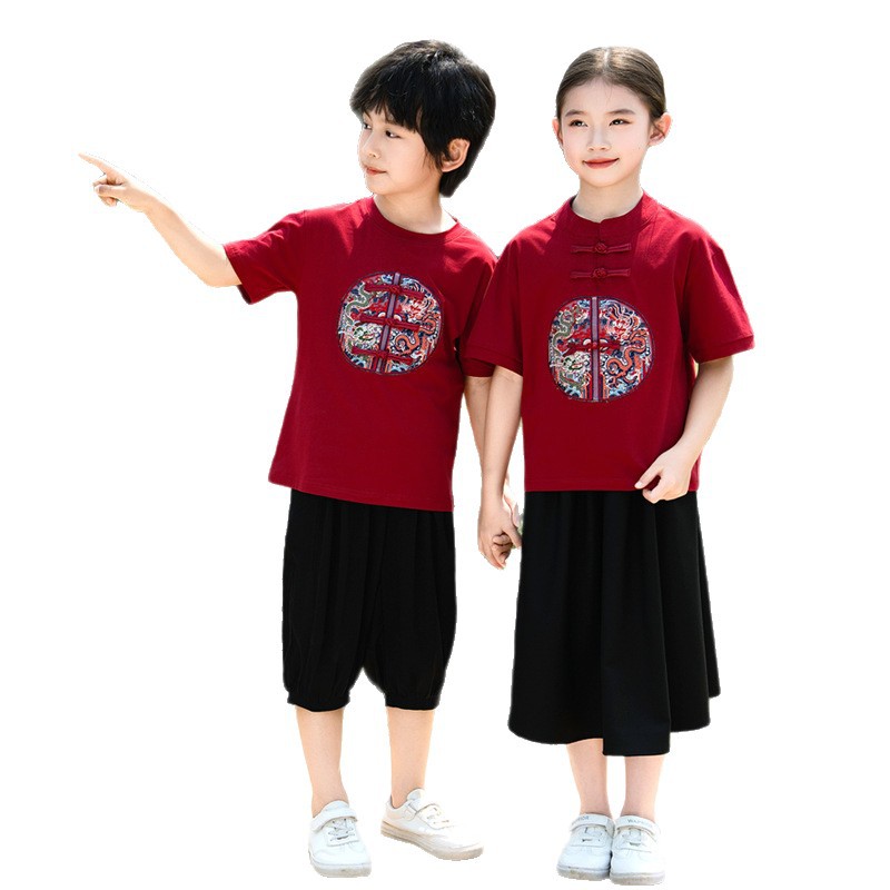 2025 Parent-child Suit Summer Suit National Style Short Sleeve Ankara Red Mother and Dresses Family of Three National Fashion Hanfu Family