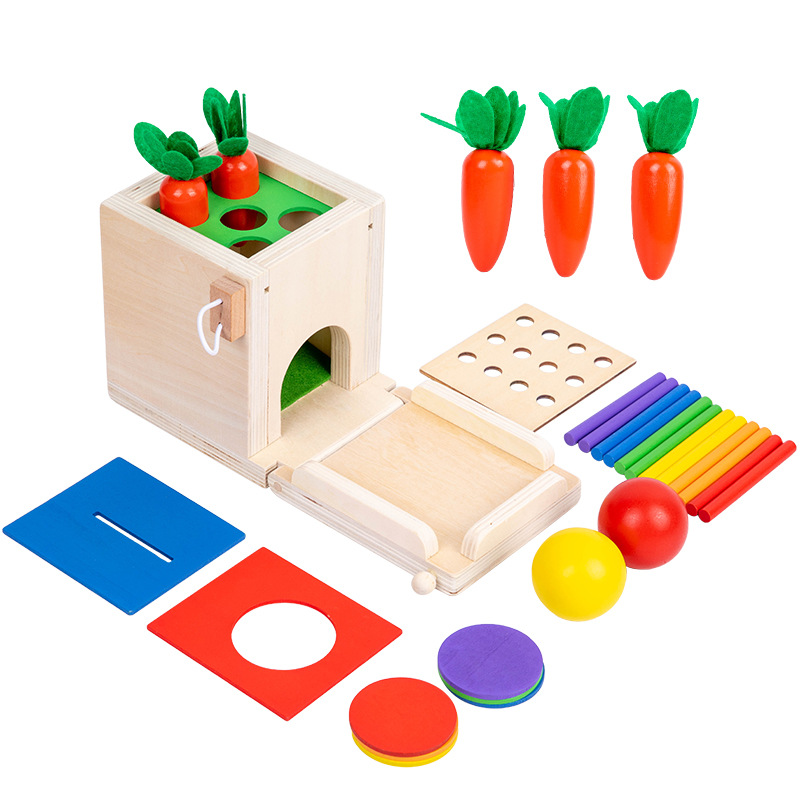 Baby Montessori four-in-one multifunctional coin box stick pulling radish fishing Building Blocks matching game wooden toys