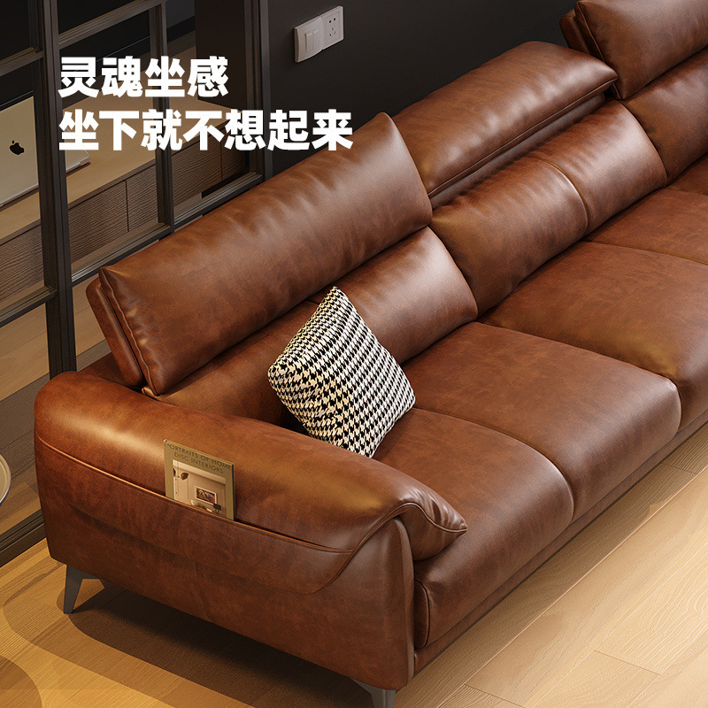 New Italian Minimalist Leather Sofa Living Room Modern Simple Light Luxury Top Layer Cowhide Straight Row Sofa Oil Wax Leather