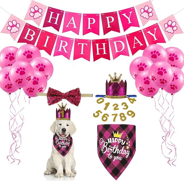 Pet Birthday Saliva Scarf Dog Scarf Triangle Scarf Bow Tie Crown Hat Birthday Banner Balloon Party Props
